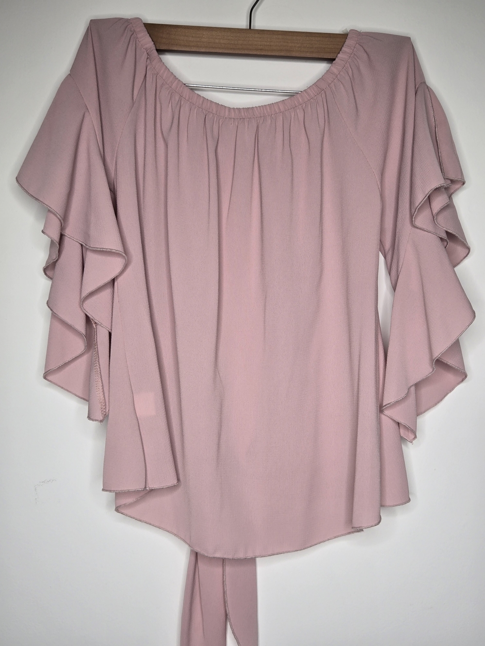 Pink Off The Shoulder Blouse Cascading Ruffle Sleeve Tie Front Dusty Rose - S - Picture 6 of 10